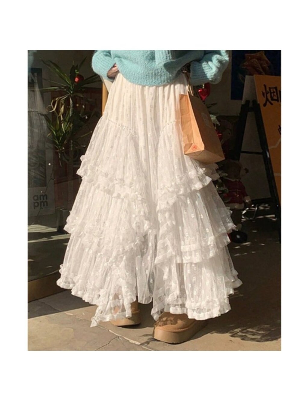 Boho Swiss Dot Lace Stretchy Waist Flared Ruffle Maxi Skirt - Picture 2 of 4